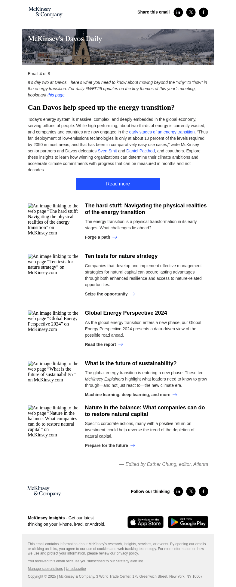 Письмо компании «McKinsey & Company» на тему «Davos 2025: How to accelerate the energy transition»