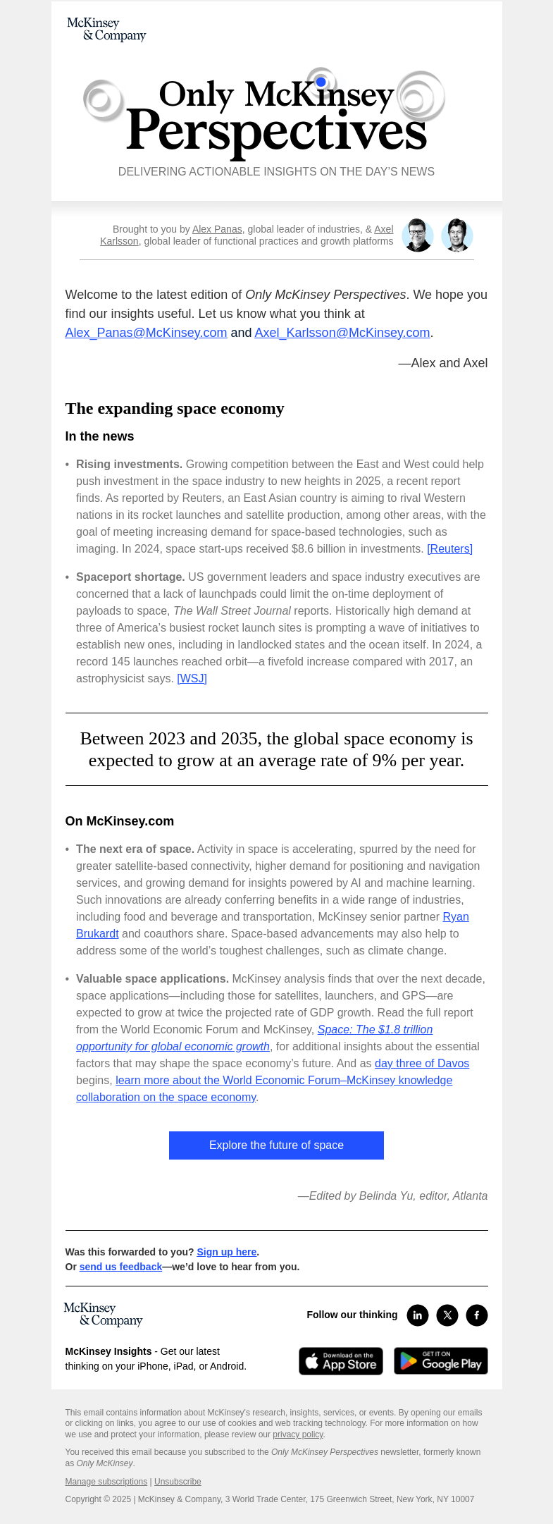 Письмо компании «McKinsey & Company» на тему «How the space economy is growing»