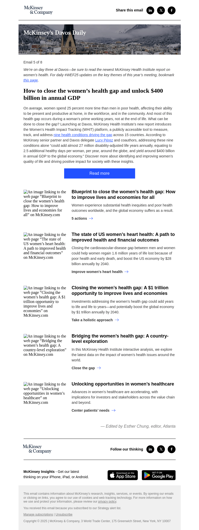 Письмо компании «McKinsey & Company» на тему «New report on women’s health gap released at Davos 2025»