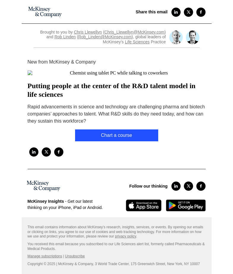 Письмо компании «McKinsey & Company» на тему «Putting people at the center of the R&D talent model in life
 sciences»