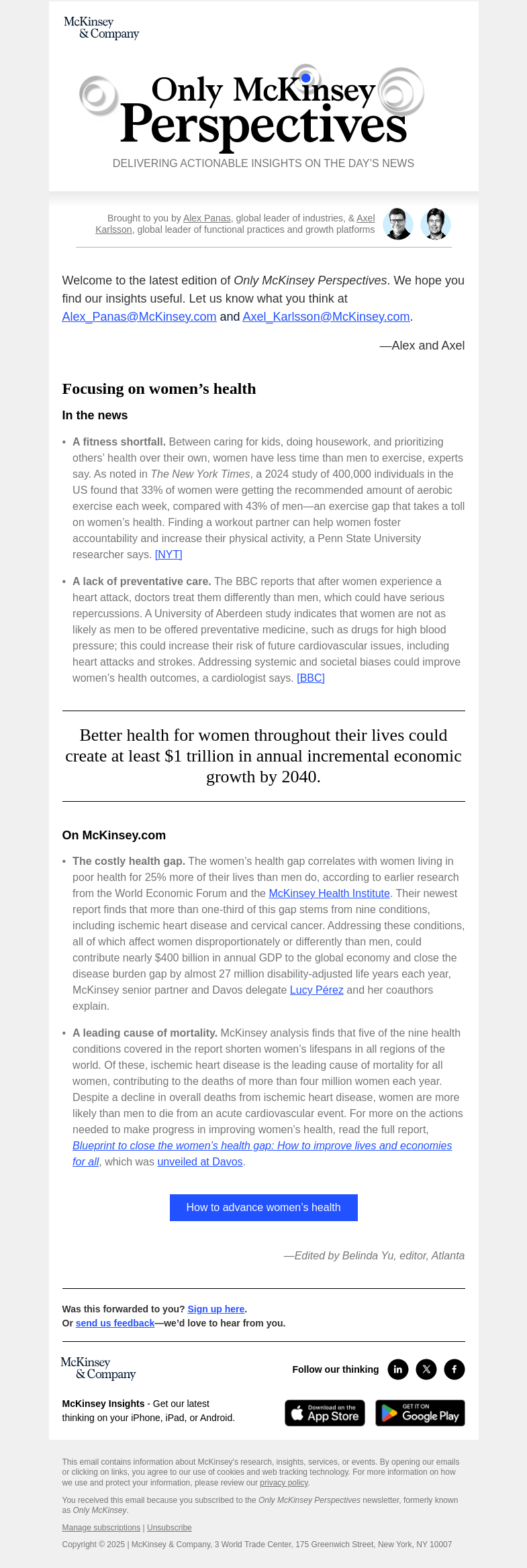 Письмо компании «McKinsey & Company» на тему «What’s at stake if leaders don’t close the women’s health gap»