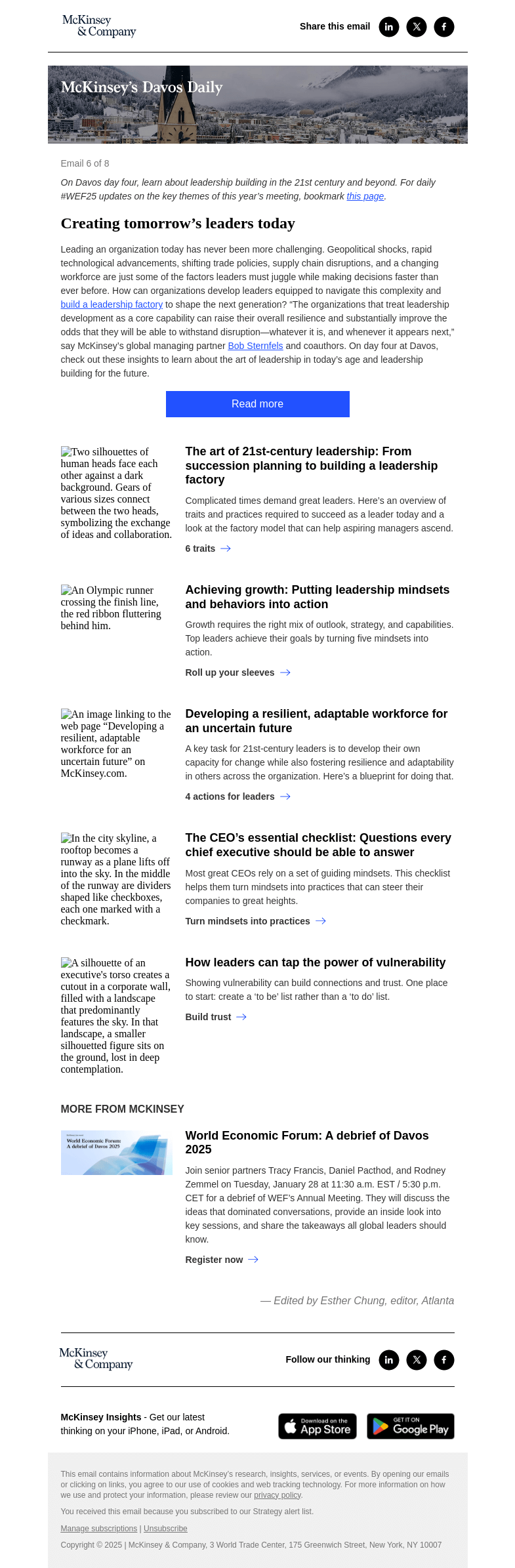 Письмо компании «McKinsey & Company» на тему «Davos 2025: Creating tomorrow’s leaders today»