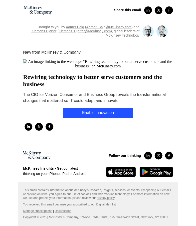 Письмо компании «McKinsey & Company» на тему «Rewiring technology to better serve customers and the business»