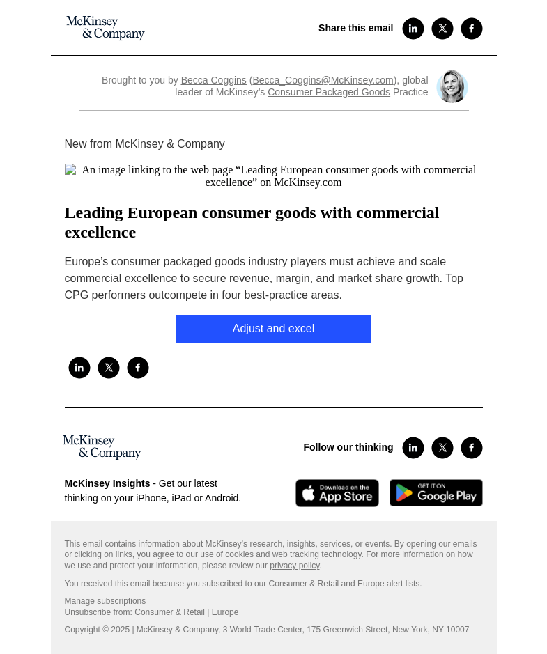 Письмо компании «McKinsey & Company» на тему «Leading European consumer goods with commercial excellence»
