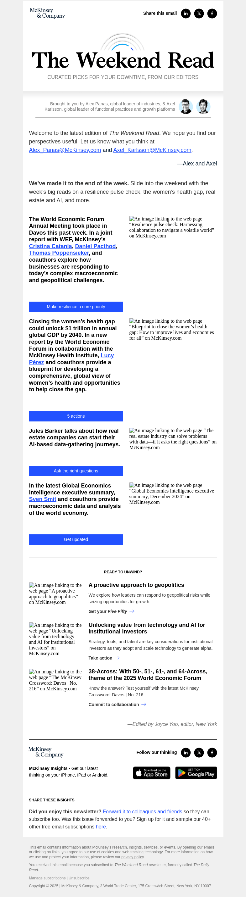 Письмо компании «McKinsey & Company» на тему «A resilience pulse check, the women’s health gap, real estate and AI, and more: The Weekend Read»