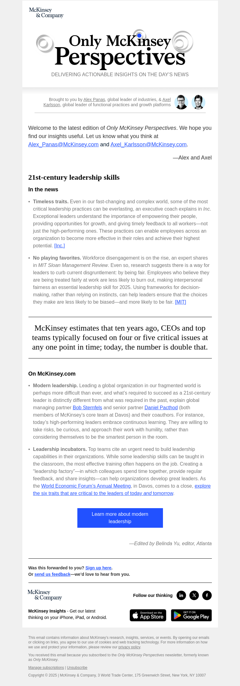 Письмо компании «McKinsey & Company» на тему «The qualities that help today’s leaders succeed»