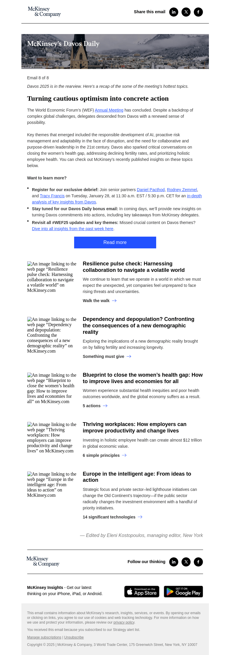 Письмо компании «McKinsey & Company» на тему «Davos 2025: Turning cautious optimism into concrete action»