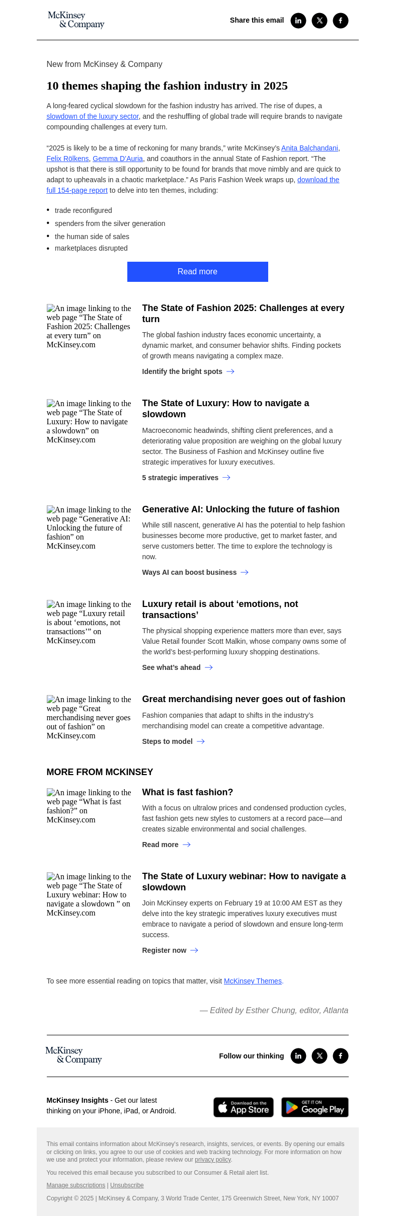 Письмо компании «McKinsey & Company» на тему «10 themes shaping the fashion industry in 2025»