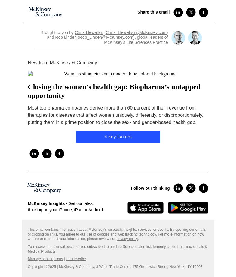 Письмо компании «McKinsey & Company» на тему «Closing the women’s health gap: Biopharma’s untapped opportunity»