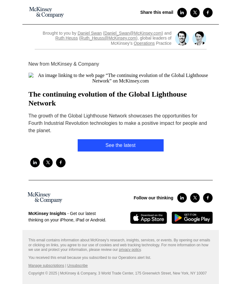 Письмо компании «McKinsey & Company» на тему «The continuing evolution of the Global Lighthouse Network»