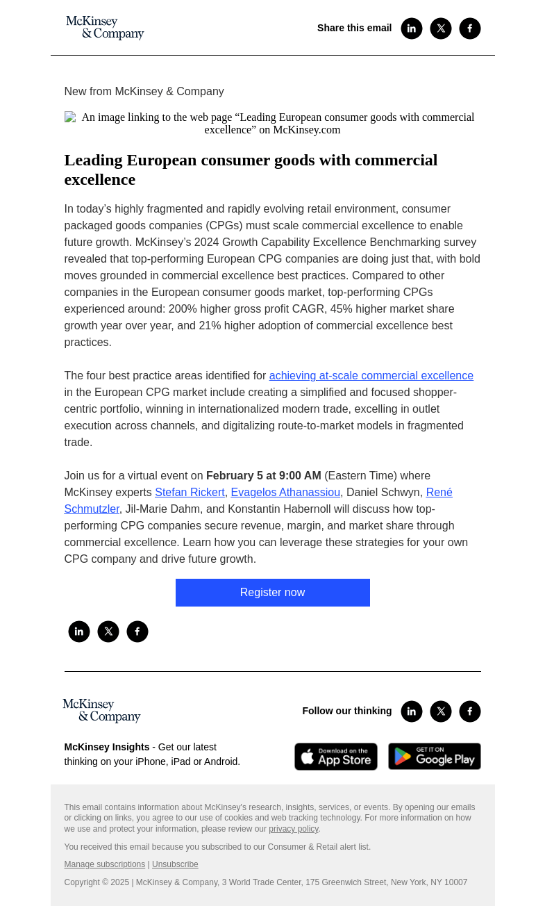 Письмо компании «McKinsey & Company» на тему «You're invited! Join us for a virtual event on Europe's consumer
 packaged goods industry»