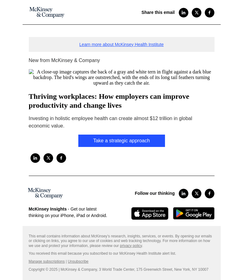 Письмо компании «McKinsey & Company» на тему «Thriving workplaces: How employers can improve productivity and
 change lives»
