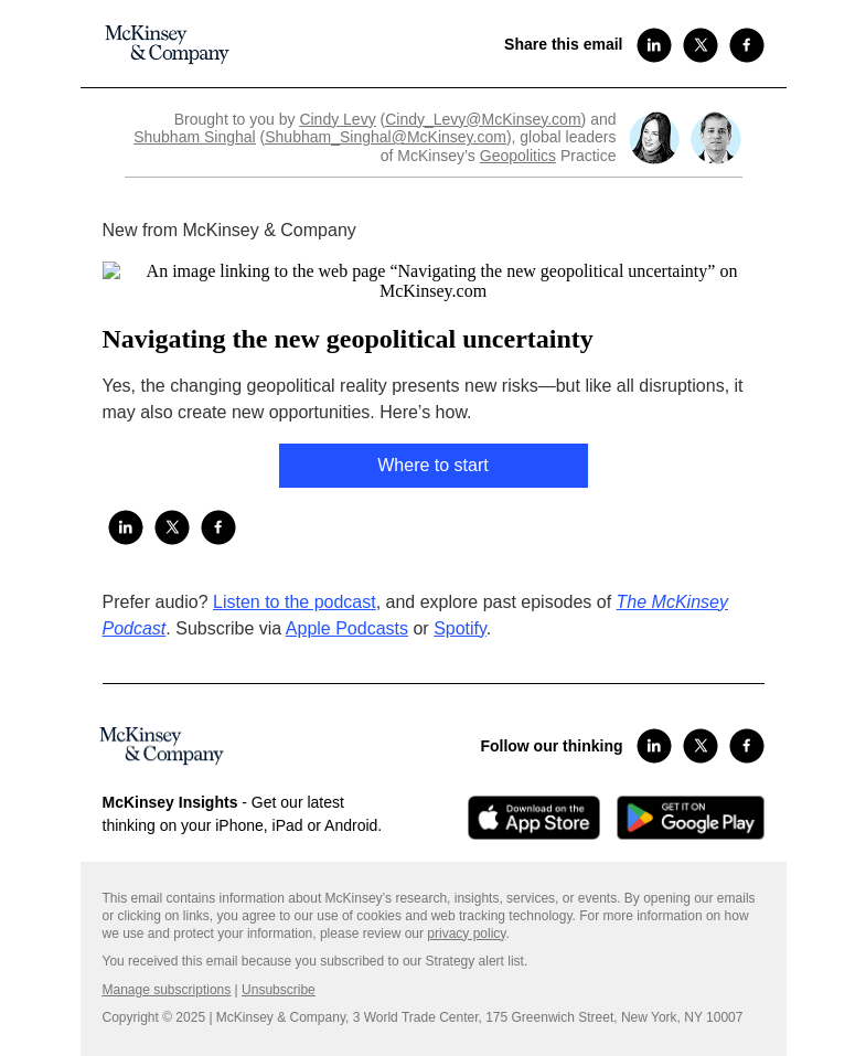 Письмо компании «McKinsey & Company» на тему «Navigating the new geopolitical uncertainty»