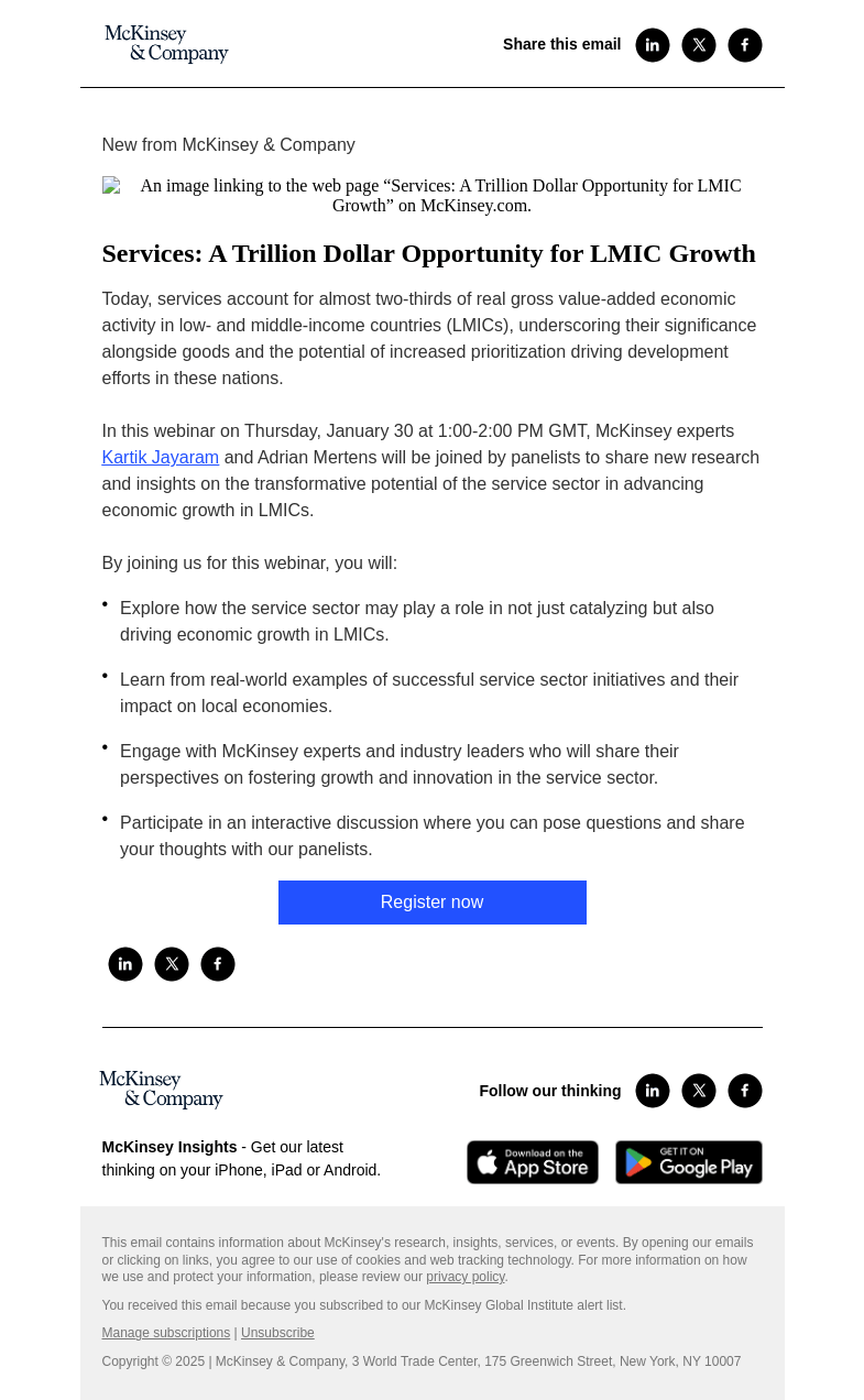 Письмо компании «McKinsey & Company» на тему «You're invited! Join us for a virtual event on LMIC growth»