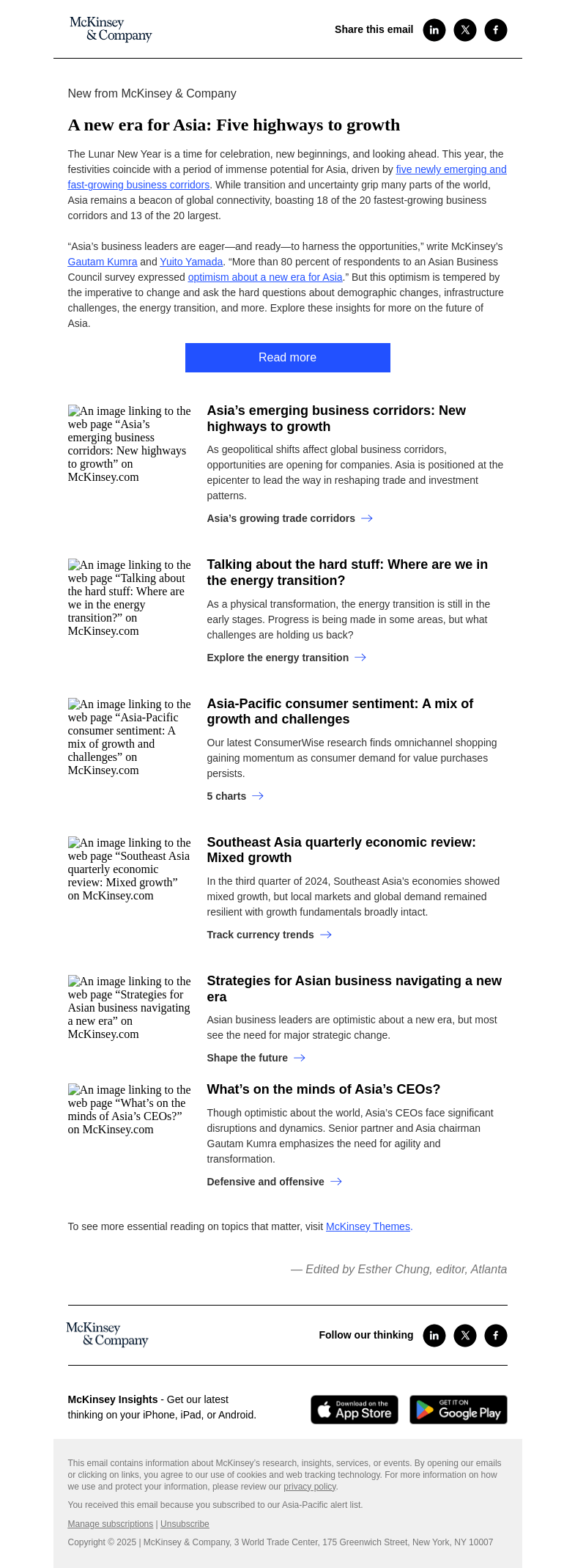 Письмо компании «McKinsey & Company» на тему «A new era for Asia: Five highways to growth»