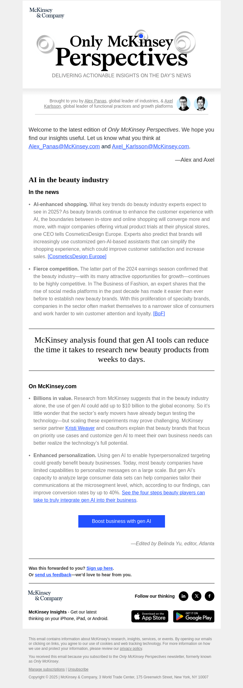 Письмо компании «McKinsey & Company» на тему «How can beauty players scale gen AI in 2025?»