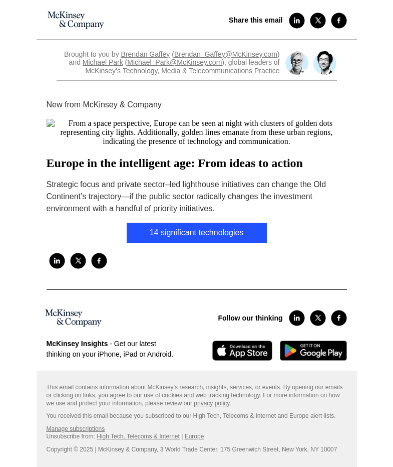 Письмо компании «McKinsey & Company» на тему «Europe in the intelligent age: From ideas to action»
