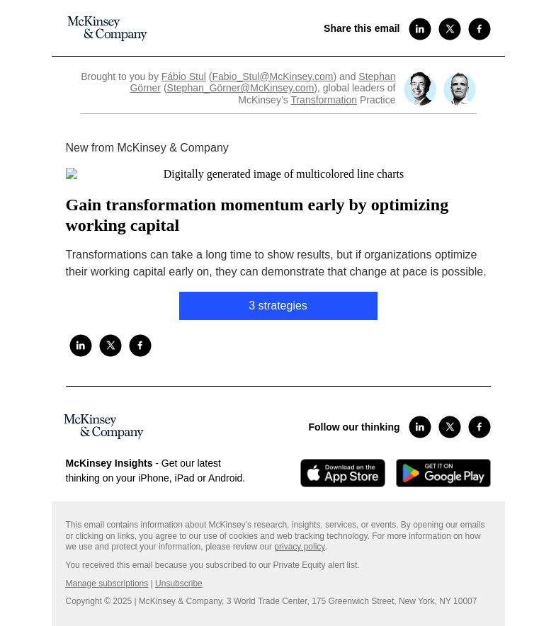 Письмо компании «McKinsey & Company» на тему «Gain transformation momentum early by optimizing working capital»