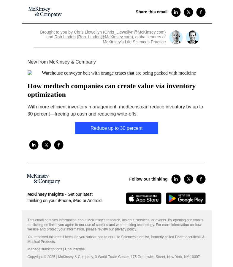 Письмо компании «McKinsey & Company» на тему «How medtech companies can create value via inventory optimization»