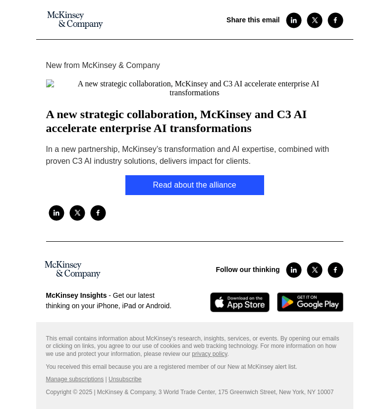 Письмо компании «McKinsey & Company» на тему «A new strategic collaboration, McKinsey and C3 AI accelerate
 enterprise AI transformations»