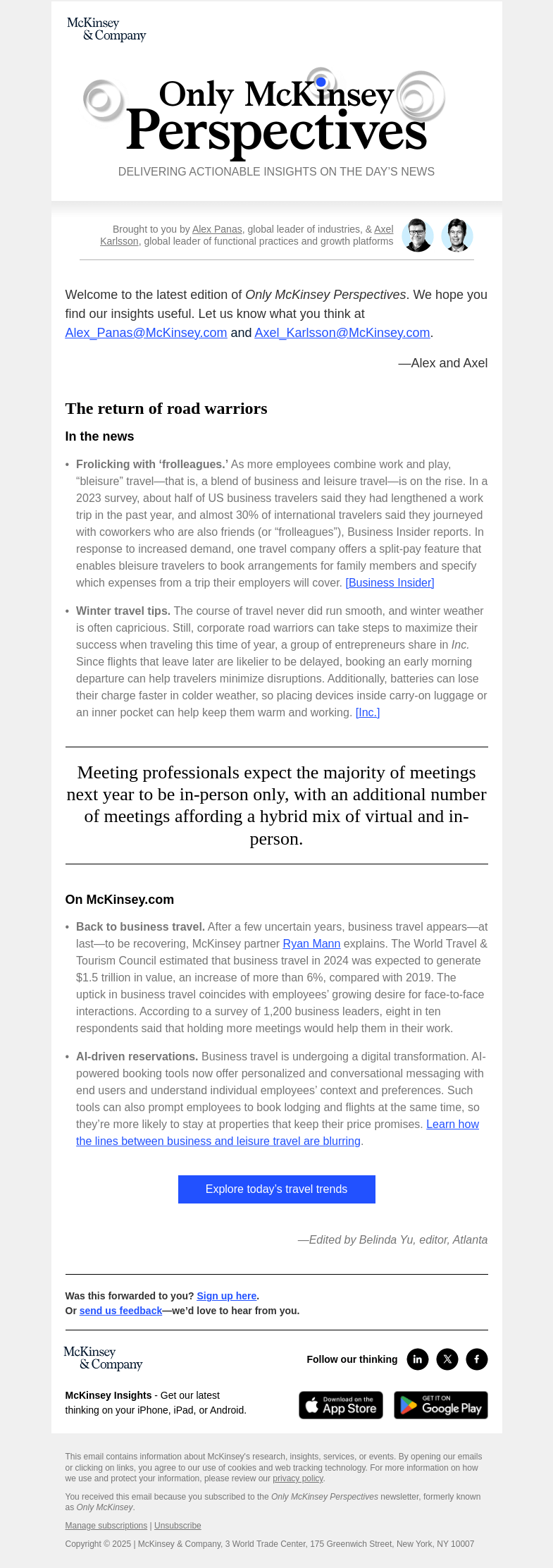 Письмо компании «McKinsey & Company» на тему «Why business travel is back»