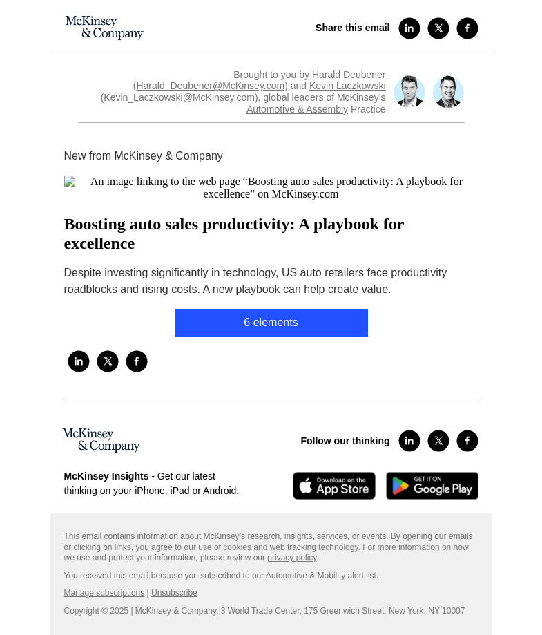 Письмо компании «McKinsey & Company» на тему «Boosting auto sales productivity: A playbook for excellence»