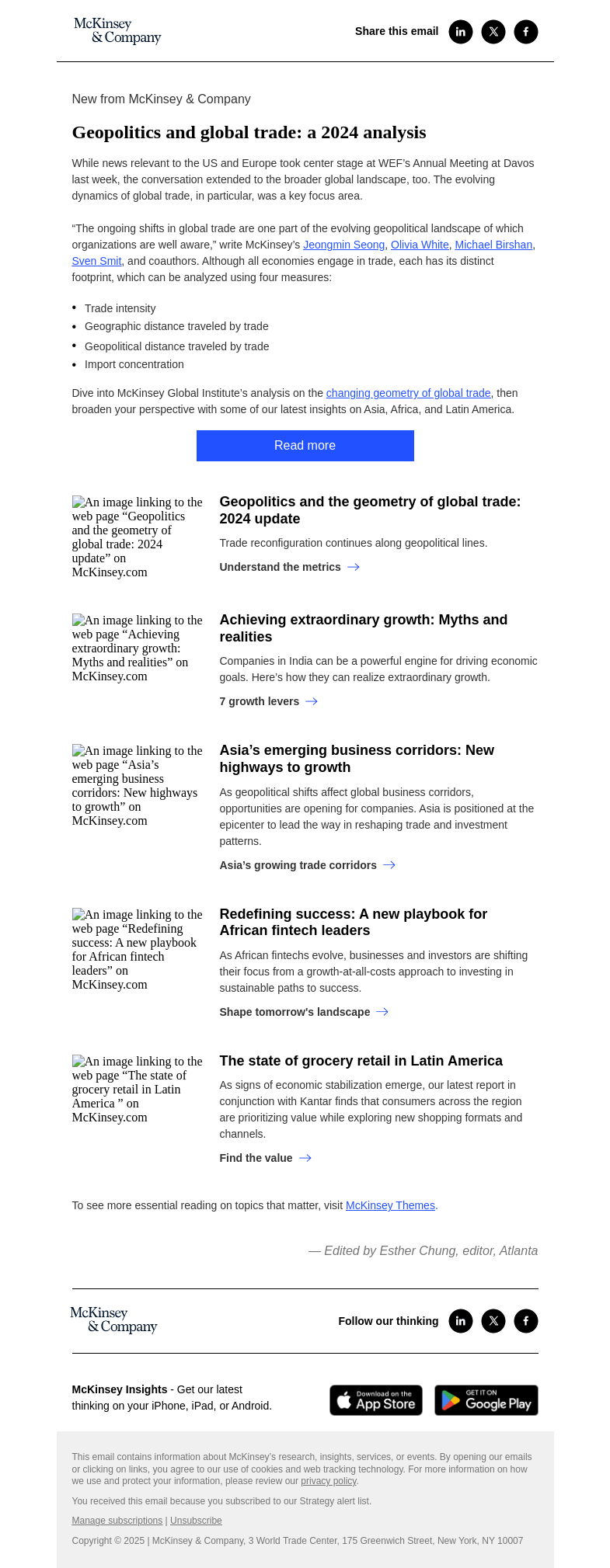 Письмо компании «McKinsey & Company» на тему «Geopolitics and global trade: a 2024 analysis»