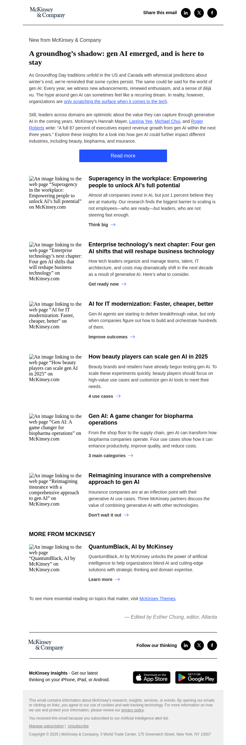 Письмо компании «McKinsey & Company» на тему «Gen AI: a recurring dream or a valuable reality?»