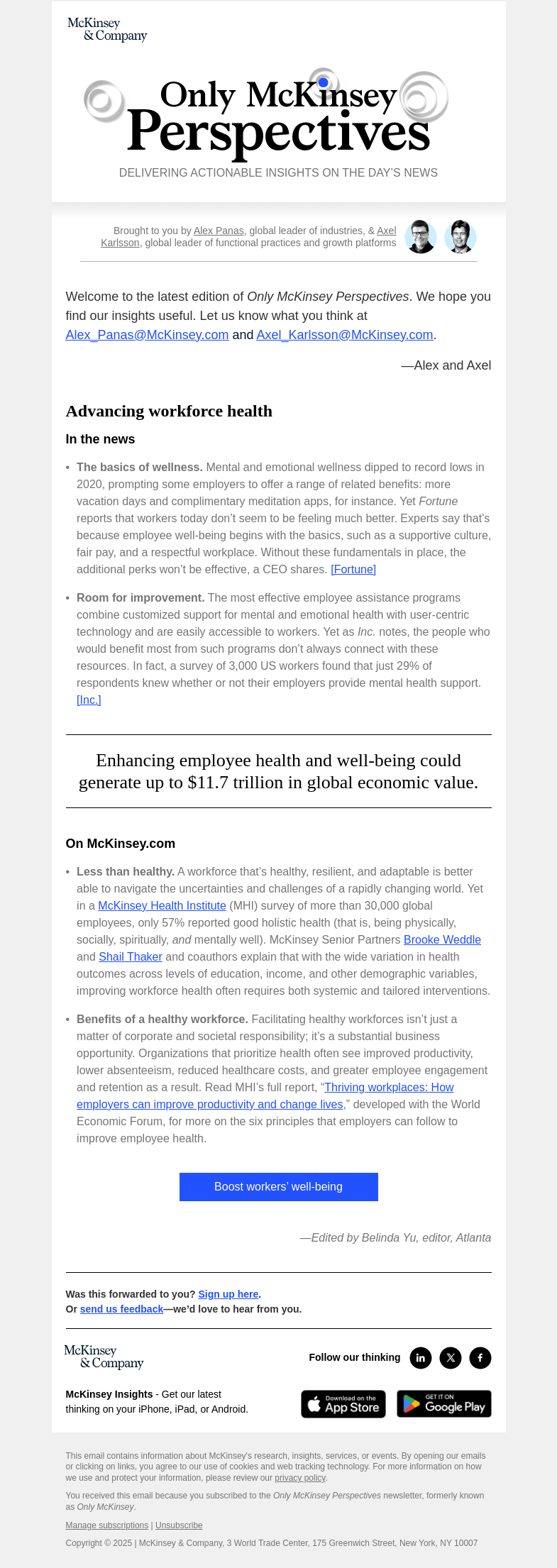 Письмо компании «McKinsey & Company» на тему «The value of investing in employee health»