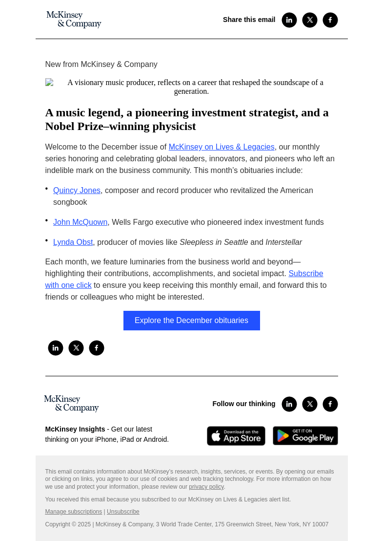 Письмо компании «McKinsey & Company» на тему «A music legend, a pioneering investment strategist, and a Nobel Prize–winning physicist»