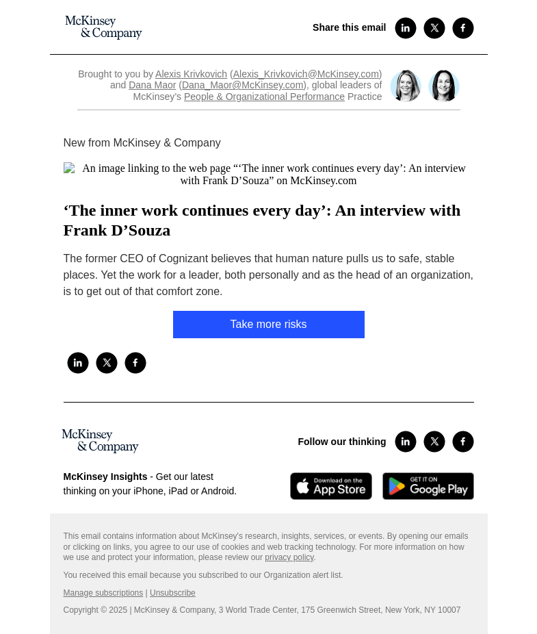 Письмо компании «McKinsey & Company» на тему «‘The inner work continues every day’: An interview with Frank D’Souza»