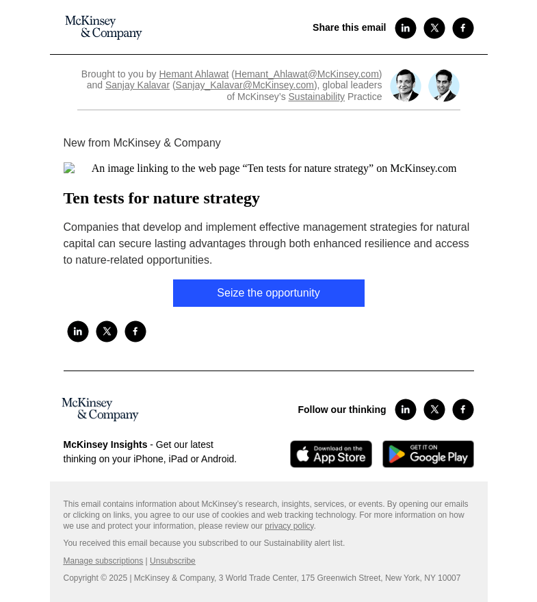 Письмо компании «McKinsey & Company» на тему «Ten tests for nature strategy»