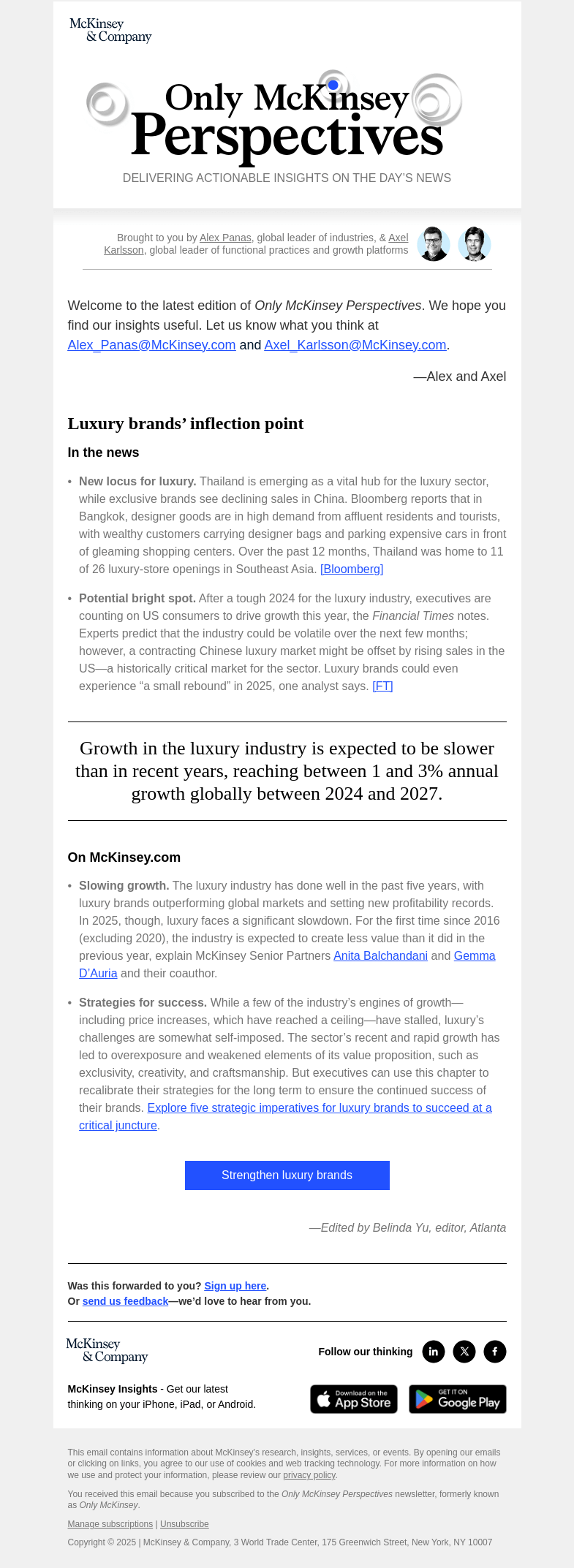 Письмо компании «McKinsey & Company» на тему «Luxury in 2025: What do experts predict for the industry this year?»