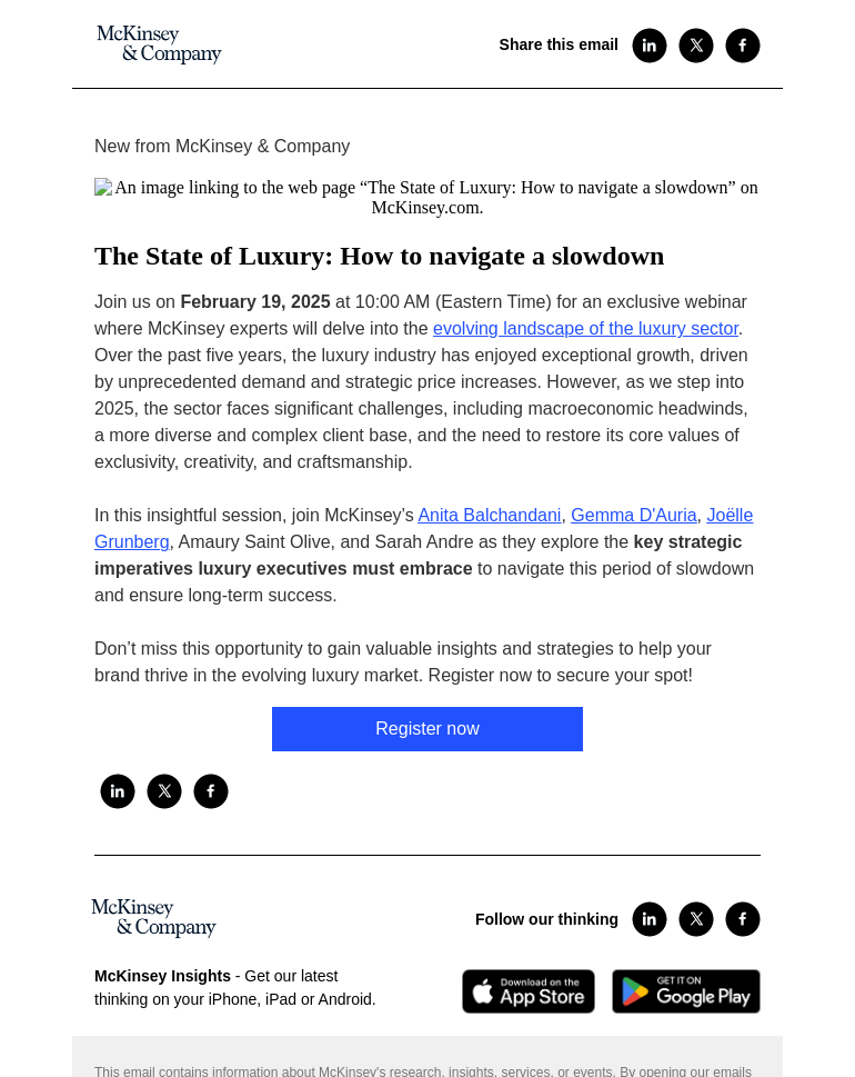 Письмо компании «McKinsey & Company» на тему «You're invited! Join us for a McKinsey Live virtual event on the
 state of the luxury sector»
