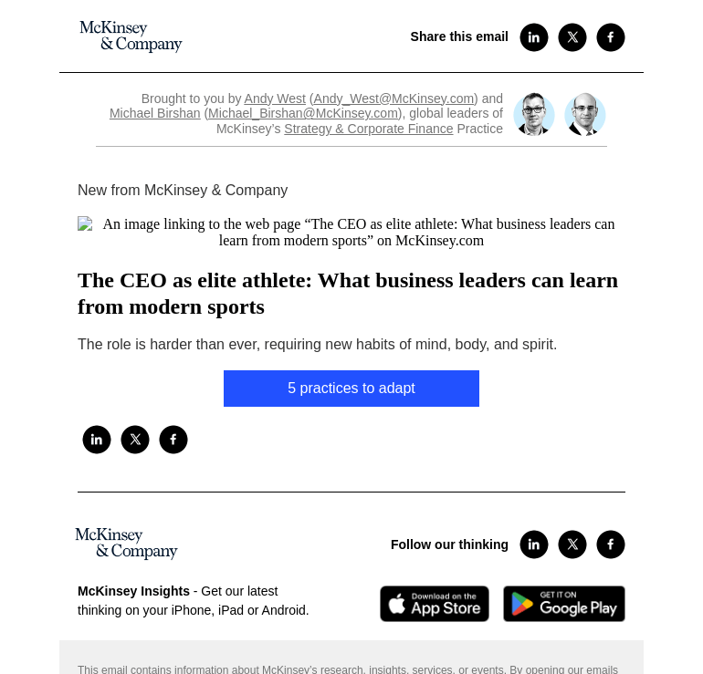Письмо компании «McKinsey & Company» на тему «The CEO as elite athlete: What business leaders can learn from
 modern sports»