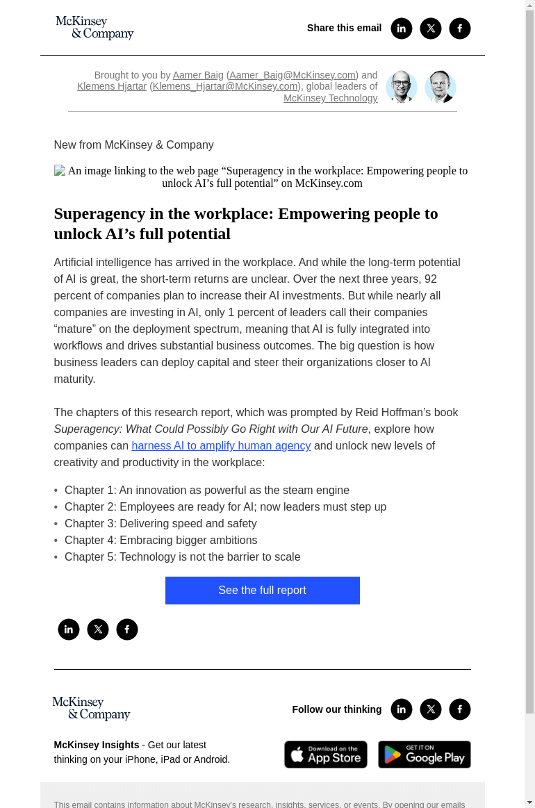 Письмо компании «McKinsey & Company» на тему «Superagency in the workplace: Empowering people to unlock AI’s full potential»