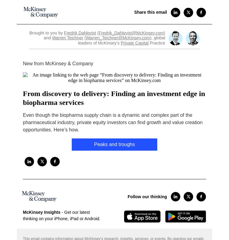 Письмо компании «McKinsey & Company» на тему «From discovery to delivery: Finding an investment edge in biopharma
 services»