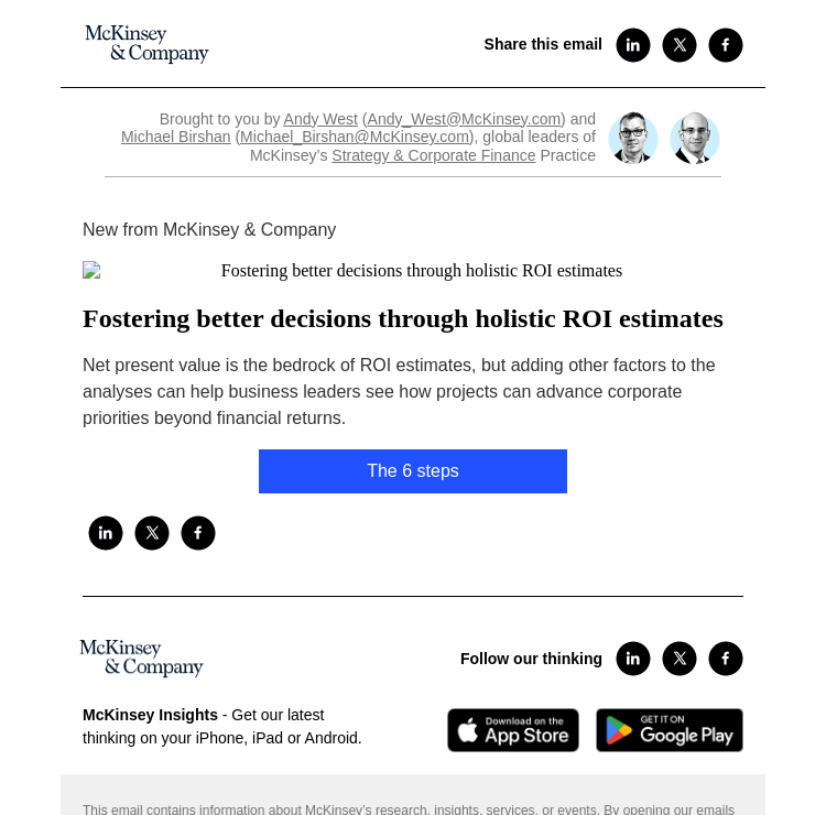 Письмо компании «McKinsey & Company» на тему «Fostering better decisions through holistic ROI estimates»