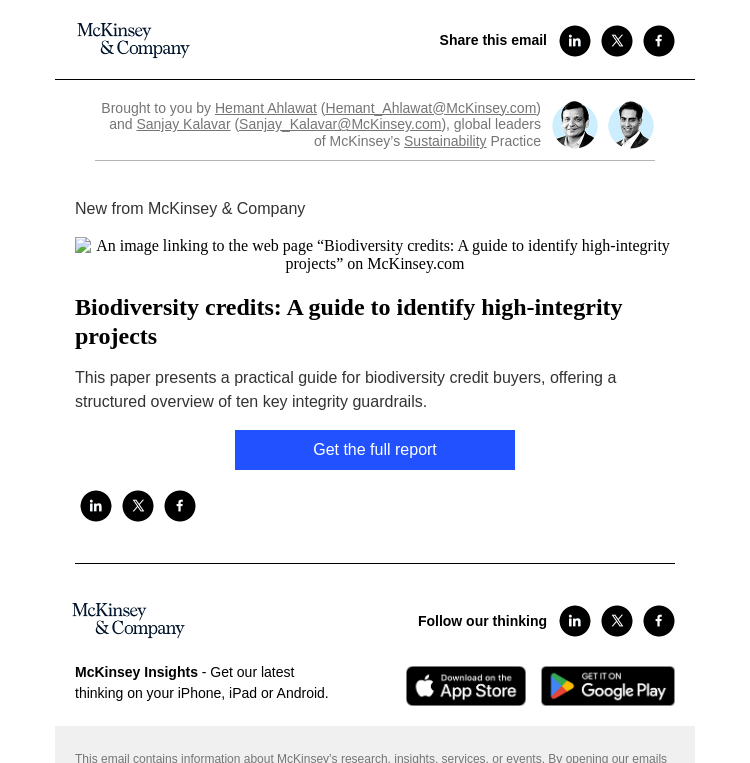 Письмо компании «McKinsey & Company» на тему «Biodiversity credits: A guide to identify high-integrity projects»