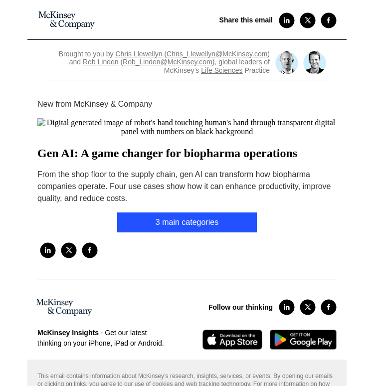 Письмо компании «McKinsey & Company» на тему «Gen AI: A game changer for biopharma operations»