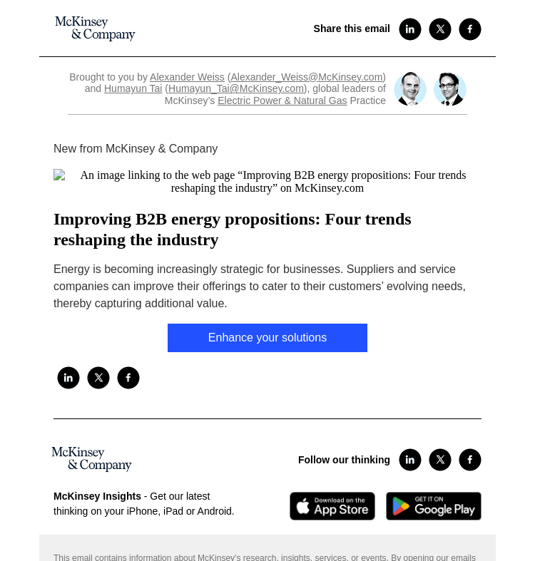 Письмо компании «McKinsey & Company» на тему «Improving B2B energy propositions: Four trends reshaping the
 industry»