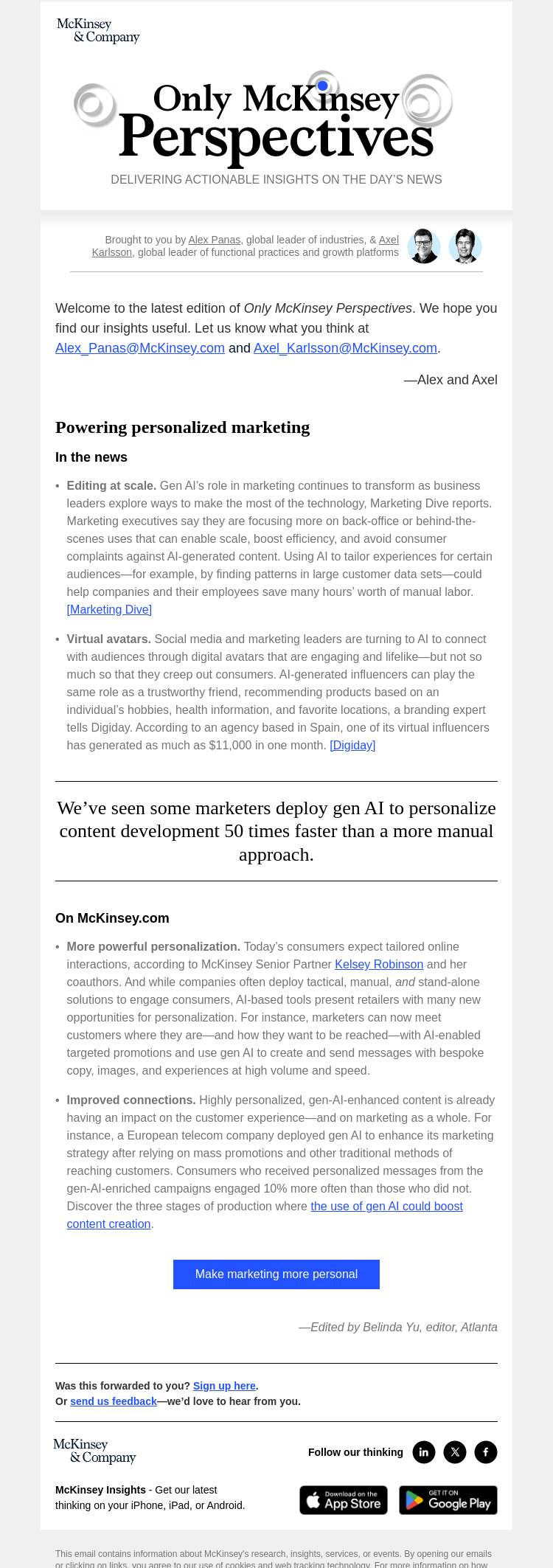 Письмо компании «McKinsey & Company» на тему «How can companies personalize experiences with AI?»