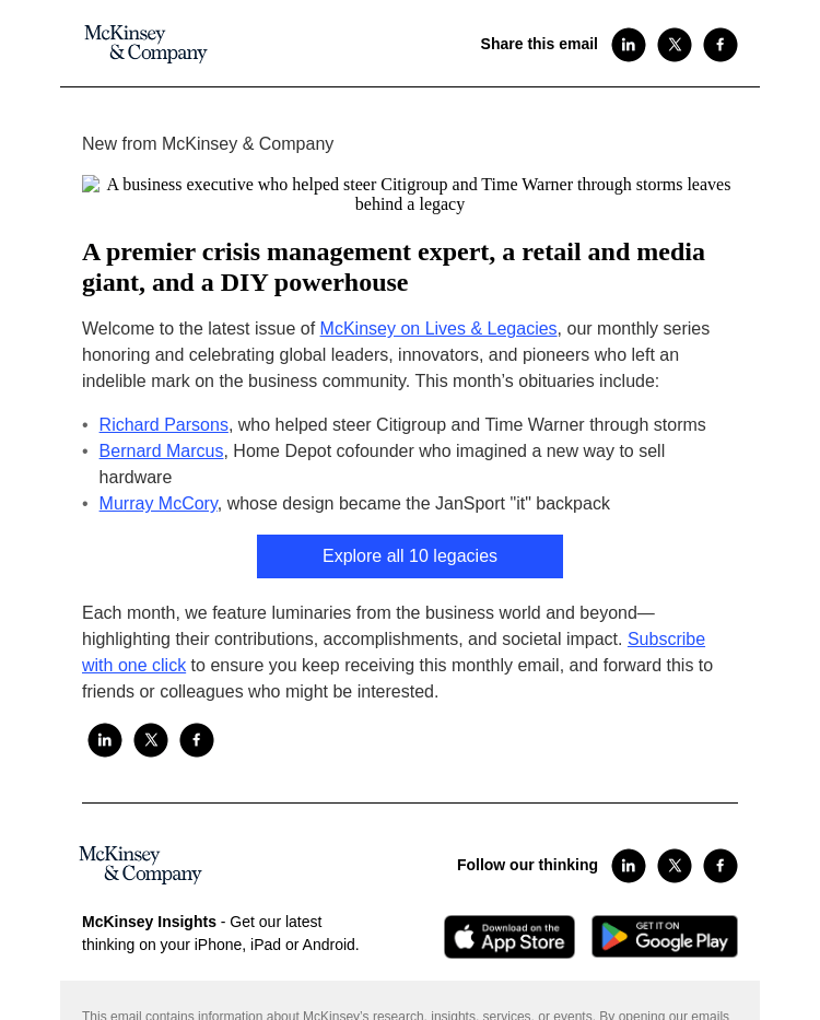 Письмо компании «McKinsey & Company» на тему «A premier crisis management expert, a retail and media giant, and a DIY powerhouse﻿»