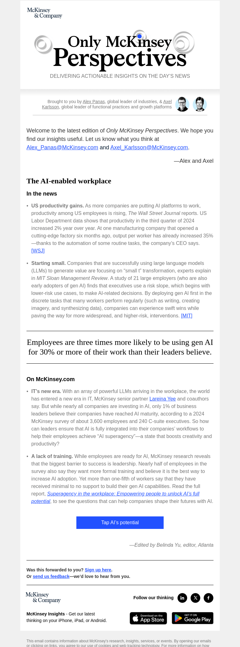 Письмо компании «McKinsey & Company» на тему «Empowering employees with AI»
