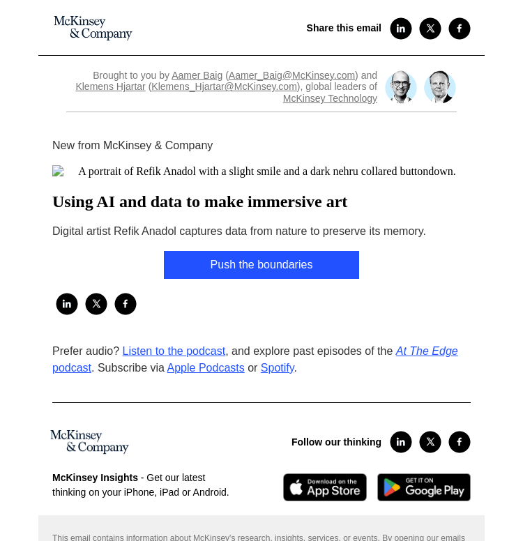 Письмо компании «McKinsey & Company» на тему «Using AI and data to make immersive art»