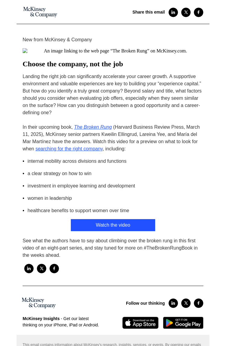 Письмо компании «McKinsey & Company» на тему «Choose the company, not the job»