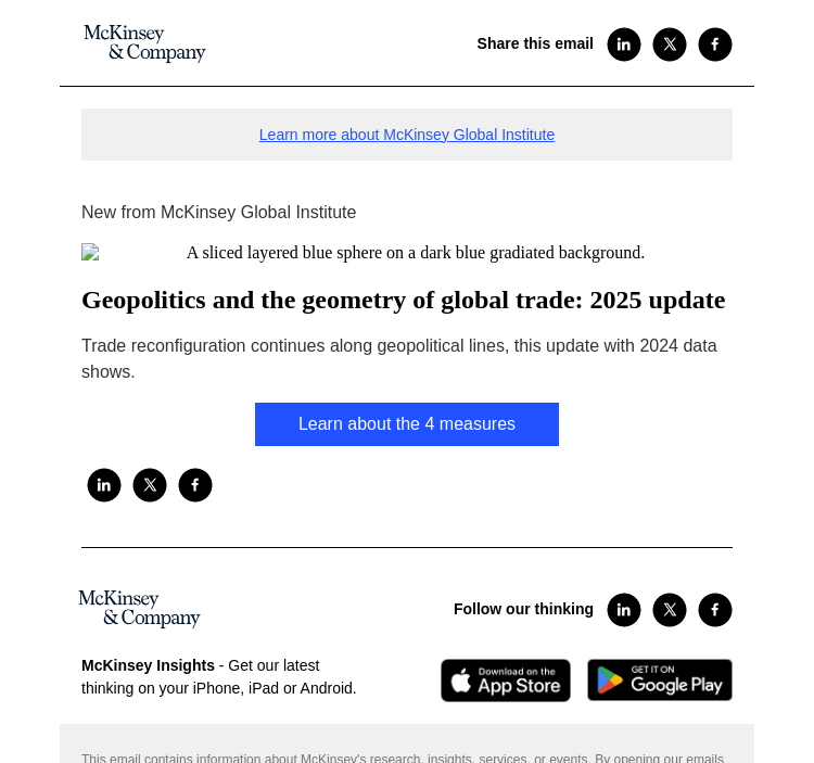 Письмо компании «McKinsey & Company» на тему «Geopolitics and the geometry of global trade: 2025 update»
