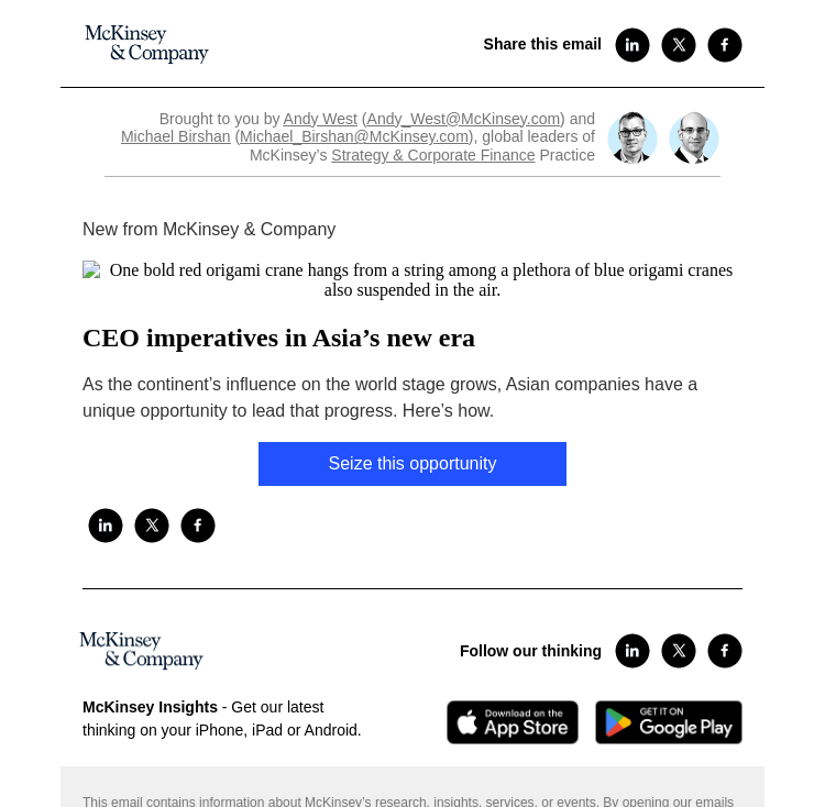 Письмо компании «McKinsey & Company» на тему «CEO imperatives in Asia’s new era»