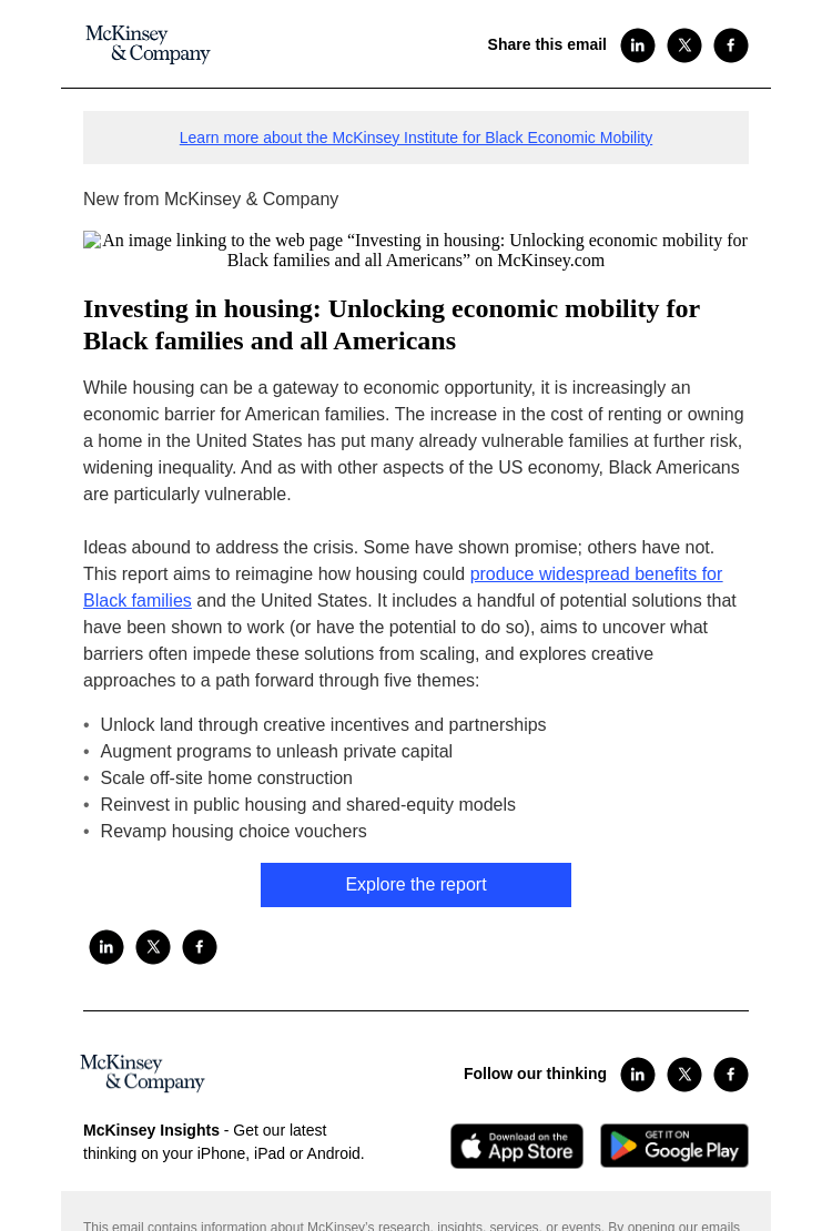 Письмо компании «McKinsey & Company» на тему «Investing in housing: Unlocking economic mobility for Black
 families and all Americans»