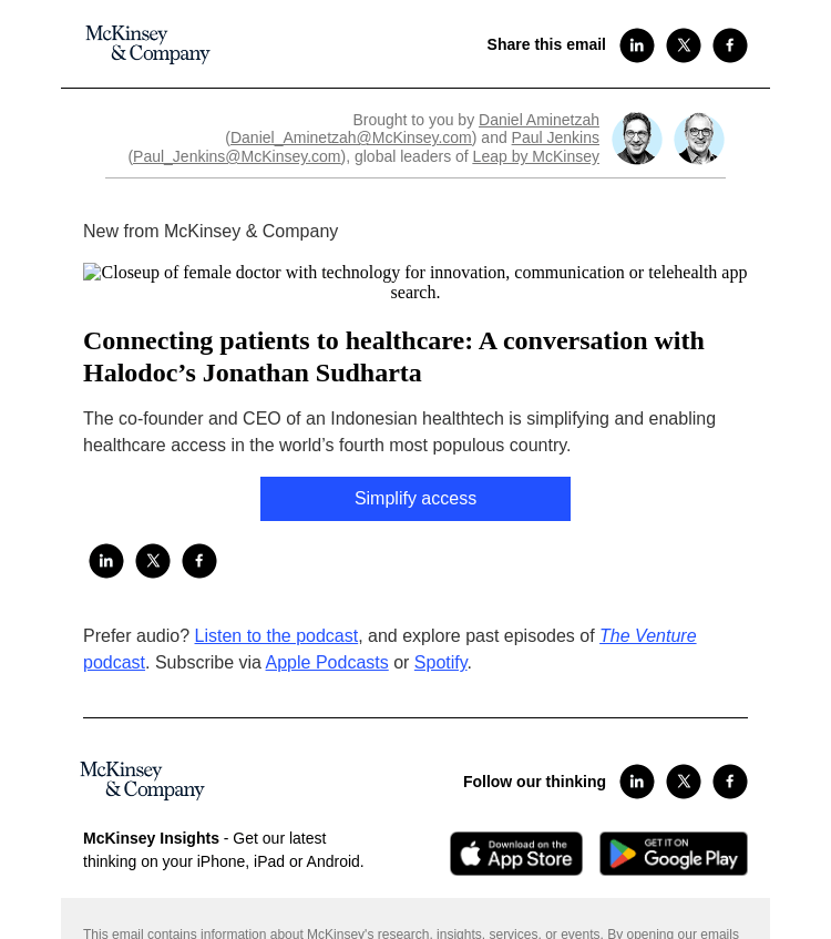 Письмо компании «McKinsey & Company» на тему «Connecting patients to healthcare: A conversation with Halodoc’s Jonathan Sudharta»